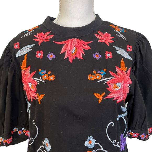Asos Dress Women's Size 14 Black Cotton Embroidered Floral Colorful Open Back - Picture 2 of 13